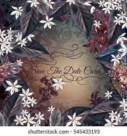 Beautiful wedding invitation card with victorian flourishes. Save the Date design