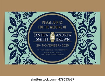 Beautiful wedding invitation card with vintage floral elements.