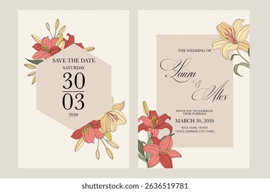 Beautiful wedding invitation cards set with minimalist flowers design. Simple and elegant wedding card template