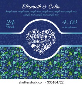 Beautiful wedding invitation, celebration. Postcard in blue green with floral ornaments, with the possibility of placing the date, number and names