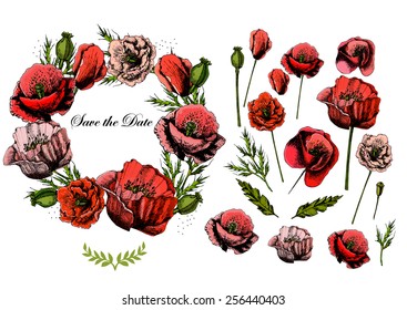 Beautiful Wedding invitation and elements with poppies. Save the date. Save the date. Hand drawing, vector.