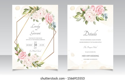 beautiful wedding invitation floral card with golden frame