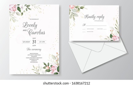 beautiful wedding invitation floral watercolor and green leaves