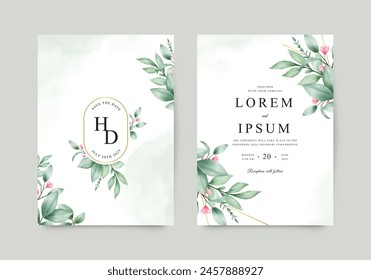 Beautiful wedding invitation with green leaves and golden frame