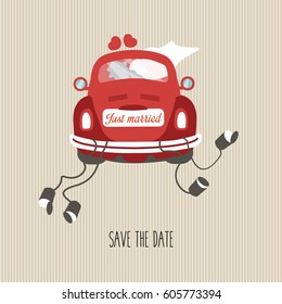 beautiful wedding invitation & greeting card. Bride and groom and modern sign just married driving with a car and cans on the way and text save the date flat design illustration