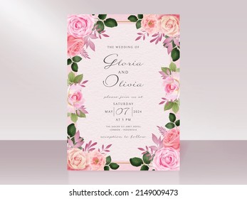 Beautiful wedding invitation with hand drawn pink rose design