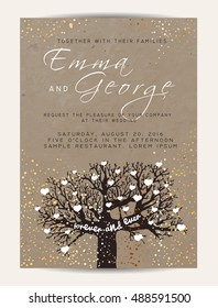 beautiful wedding invitation kraft paper, decorated with fairy tree and gold glitter