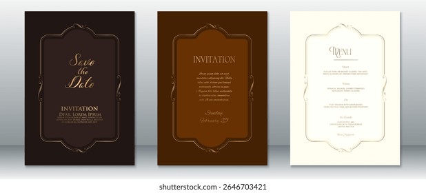 Beautiful wedding invitation and menu card templates with luxurious gold borders on dark brown, soft brown, and light cream backgrounds. Perfect for vintage, rustic, or elegant wedding themes.