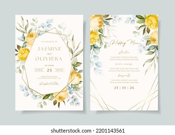 Beautiful wedding invitation and menu template set with floral and leaves decoration