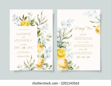 Beautiful wedding invitation and menu template set with floral and leaves decoration