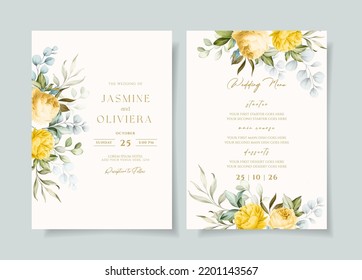 Beautiful wedding invitation and menu template set with floral and leaves decoration