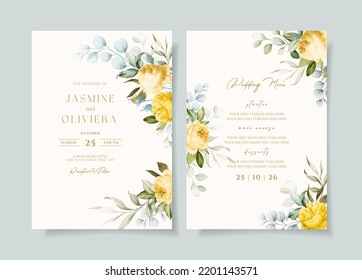 Beautiful wedding invitation and menu template set with floral and leaves decoration