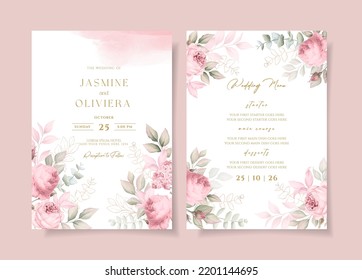 Beautiful wedding invitation and menu template set with soft floral and leaves decoration