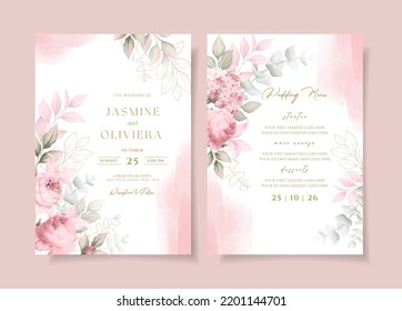 Beautiful wedding invitation and menu template set with soft floral and leaves decoration