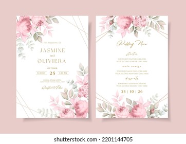 Beautiful wedding invitation and menu template set with soft floral and leaves decoration