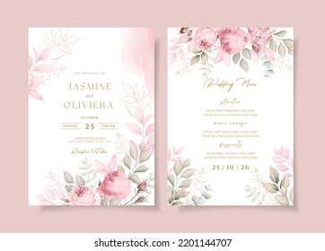 Beautiful wedding invitation and menu template set with soft floral and leaves decoration