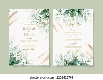 bonita invitación a boda y plantilla de menú con decoración verde