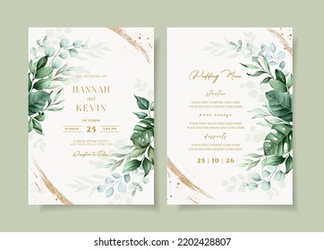 bonita invitación a boda y plantilla de menú con decoración verde