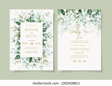 bonita invitación a boda y plantilla de menú con decoración verde