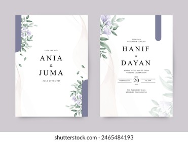 Beautiful wedding invitation with purple flowers and green leaves