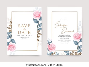 Beautiful wedding invitation with rose decoration and leaves