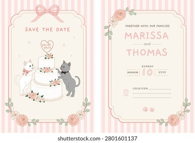 A beautiful wedding invitation and save the date card template designed in a cute pastel and cozy anime style. The illustration features an adorable white cat with a bow and a grey cat with a bowtie decorating a three-tiered wedding cake. Decorated with elegant pink roses, floral frames, and a striped background, this vector template is perfect for cat lovers.