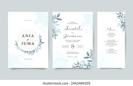 Beautiful wedding invitation set with blue flowers and green leaves