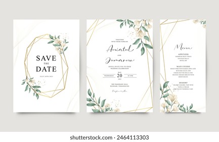 Beautiful wedding invitation set with gold geometric and watercolor floral