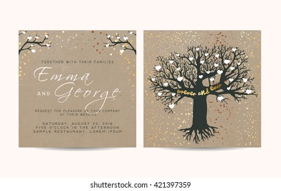 beautiful wedding invitation set on kraft paper, decorated with fairy tree and gold glitter