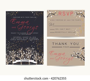 beautiful wedding invitation set with trees and branches, decorated with confetti and hearts