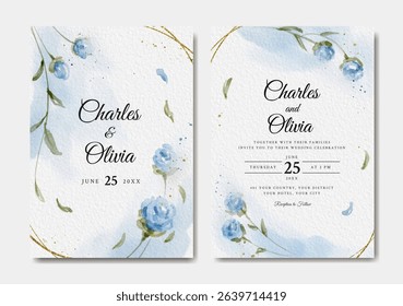 Beautiful wedding invitation template with blue floral and gold splatter