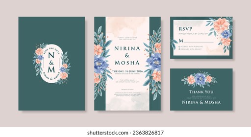 Beautiful wedding invitation template with floral watercolor