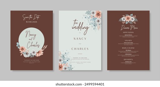 Beautiful wedding invitation template with floral watercolor