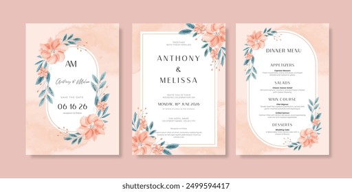 Beautiful wedding invitation template with flower watercolor