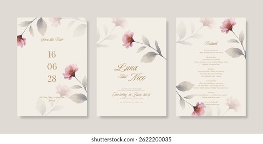 Beautiful wedding invitation template with flower watercolor