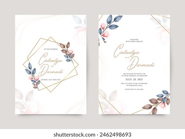 Beautiful wedding invitation template with golden geometric and leaves