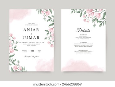 Hermosa Plantilla de invitación de boda con flores rosas y hojas verdes