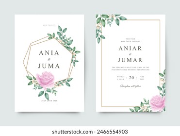 Beautiful wedding invitation template with purple roses and green leaves