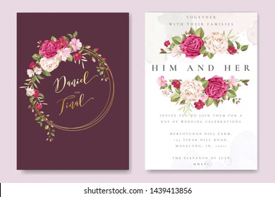 beautiful wedding invitation template with roses in colourful maroon background