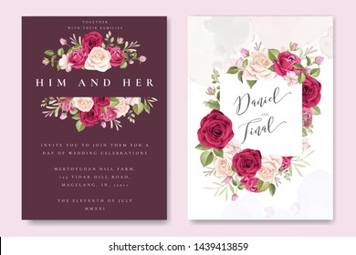 beautiful wedding invitation template with roses in colourful maroon background