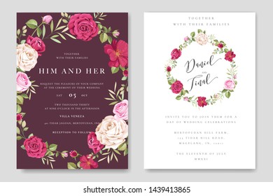 beautiful wedding invitation template with roses in colourful maroon background