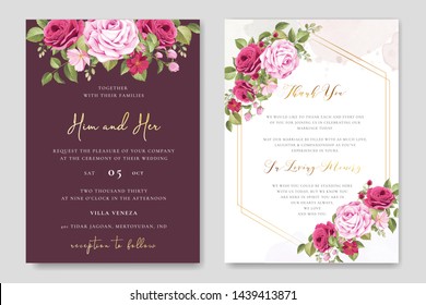 beautiful wedding invitation template with roses in colourful maroon background