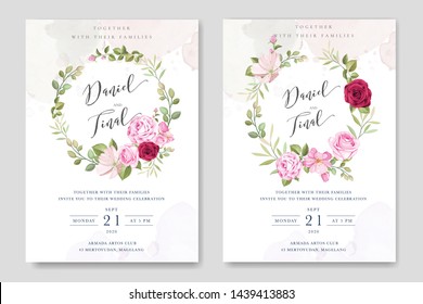 beautiful wedding invitation template with roses in colourful maroon background