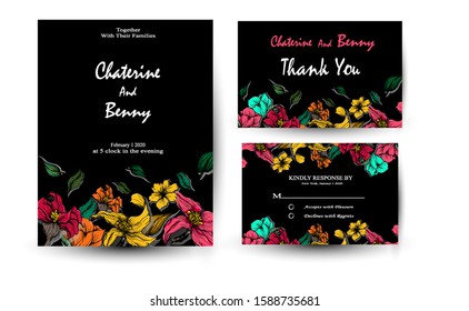 Beautiful wedding invitation template with roses in black background