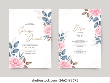 Beautiful wedding invitation template with roses and leaves watercolor