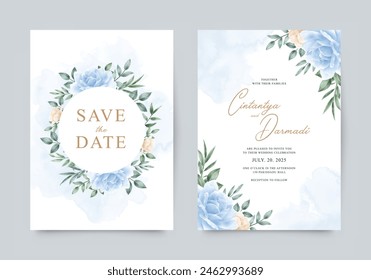 Hermosa Plantilla de invitación de boda con rosas azul