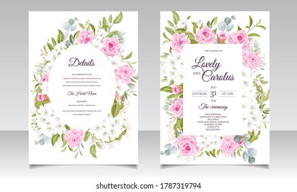 Beautiful wedding invitation template set with soft pink floral frame and border decoration