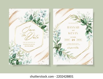 beautiful wedding invitation template set with greenery decoration