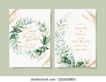 beautiful wedding invitation template set with greenery decoration