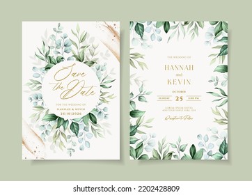 beautiful wedding invitation template set with greenery decoration